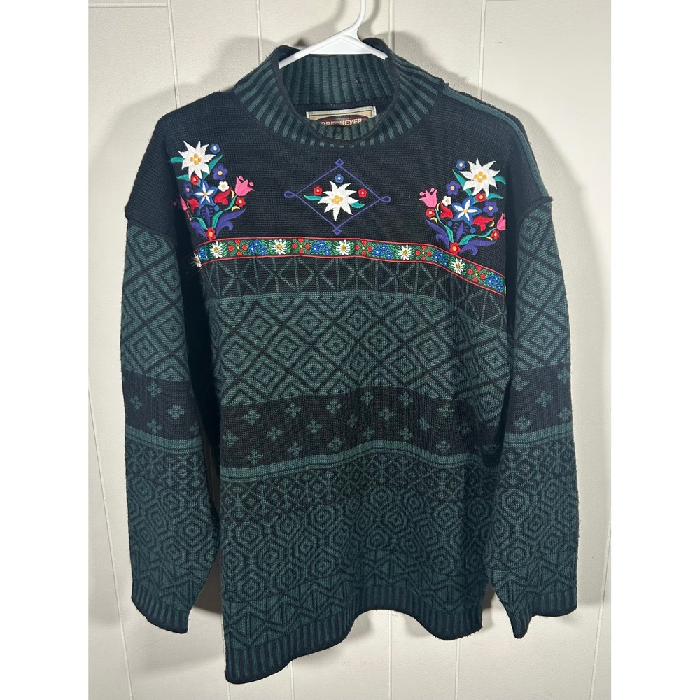 Obermeyer Chloe VTG Floral Embroidered Wool Blend Ski Sweater Green Womens L